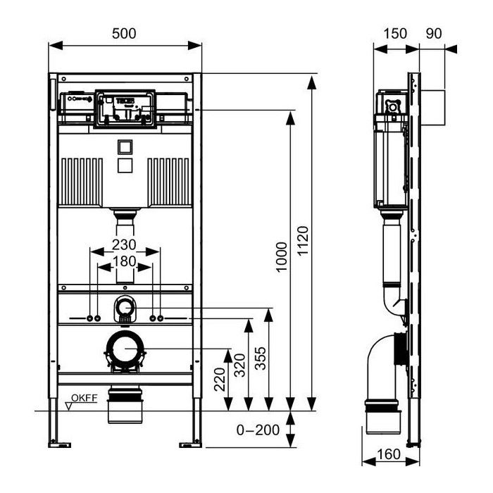 TECEprofil universal concealed toilet frame 1120 mm, 9300302