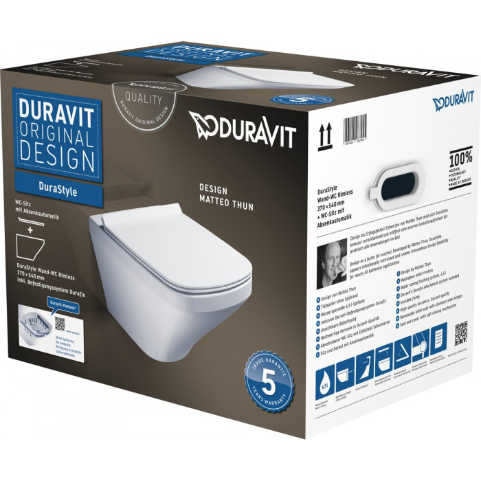 Rippuv WC-pott DURAVIT DuraStyle Rimless aeglase kaanega