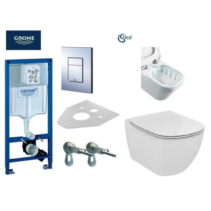 GROHE Rapid SL 4 in 1 concealed toilet frame + IDEAL STANDARD Tesi Aquablade wall-hung toilet with Slim seat