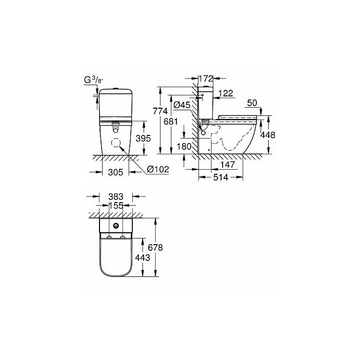 Paigaldatav WC-pott GROHE Euro Ceramic Rimless (Triple Vortex) pehme sulgumise kaanega, alumine ühendus