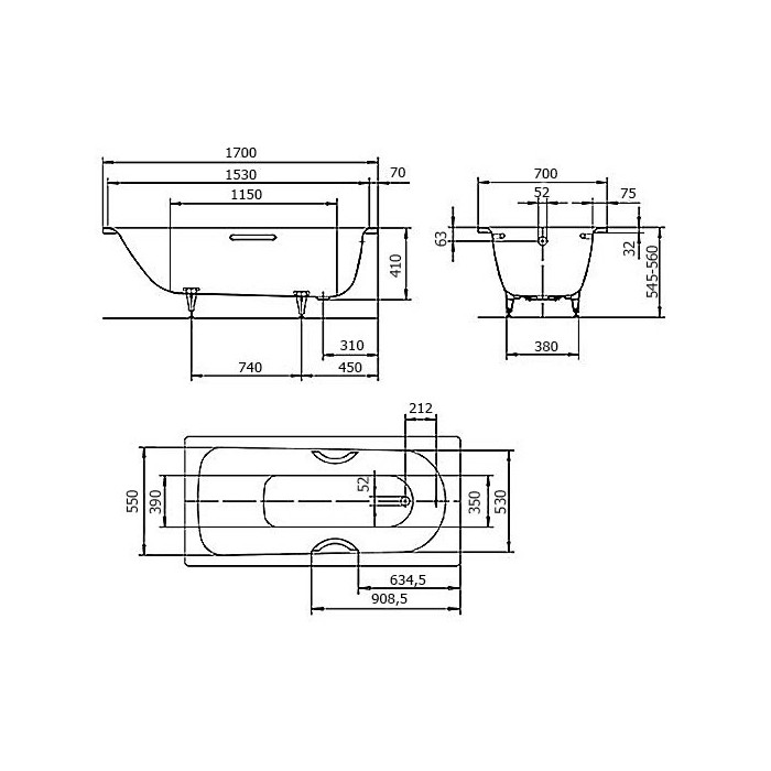Сталистая ванна KALDEWEI Saniform Plus 750 x 1700 мм, белая с EC