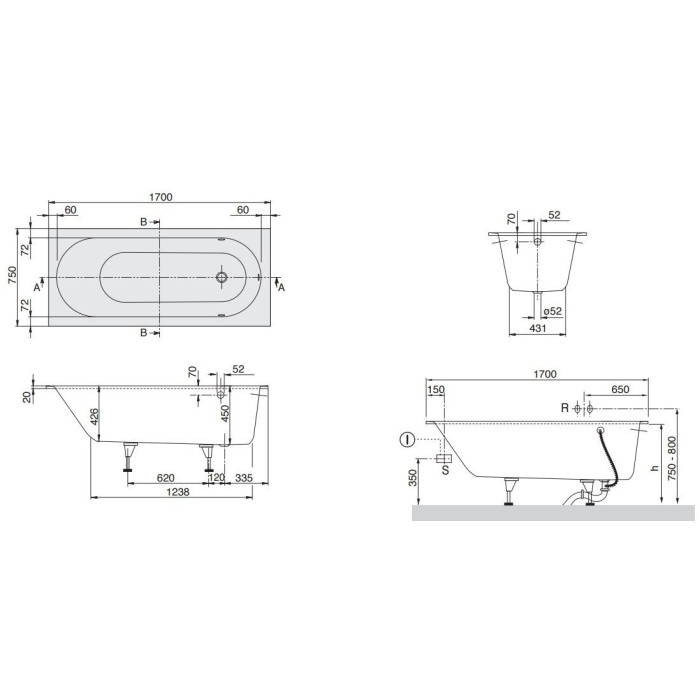 Rectangular bathtub VILLEROY & BOSH Oberon made of Quaryl material 800 x 1800 mm