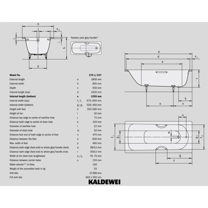 Plekkvann KALDEWEI Saniform Plus 800 x 1800 mm, valge