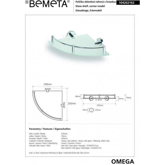 Corner glass shelf with edges BEMETA Omega