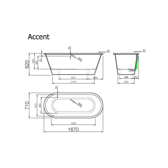 Stone composite bathtub VISPOOL Accent 710 x 1670 mm