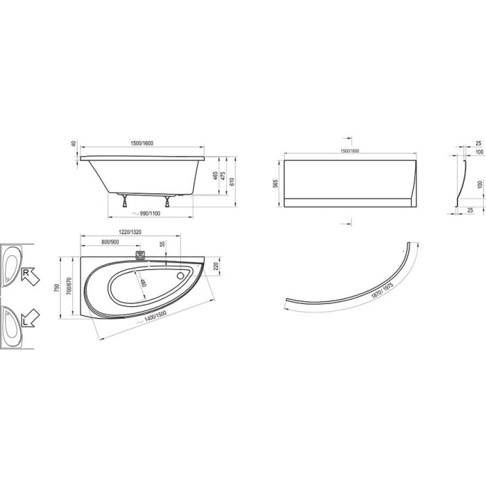 Acrylic asymmetrical bathtub RAVAK Avocado