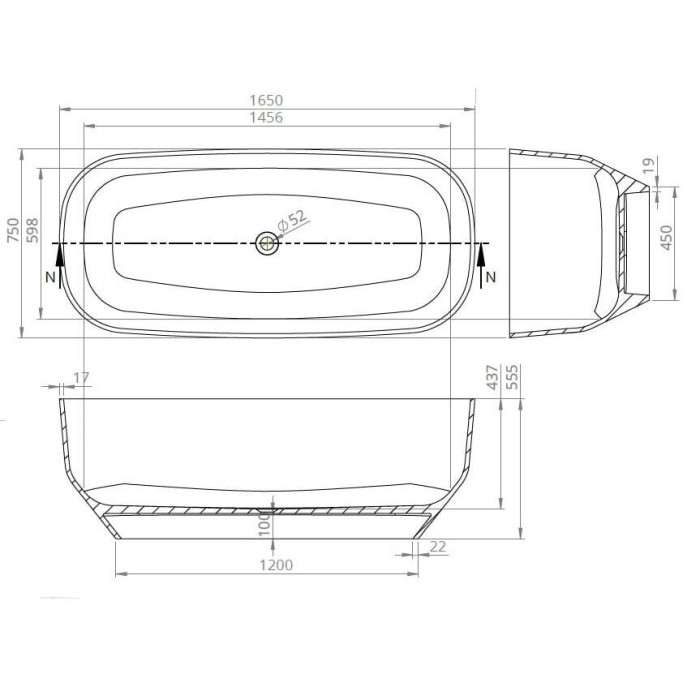 Строится у стены ванна из каменной массы VAYER Nova 2 1640 x 830
