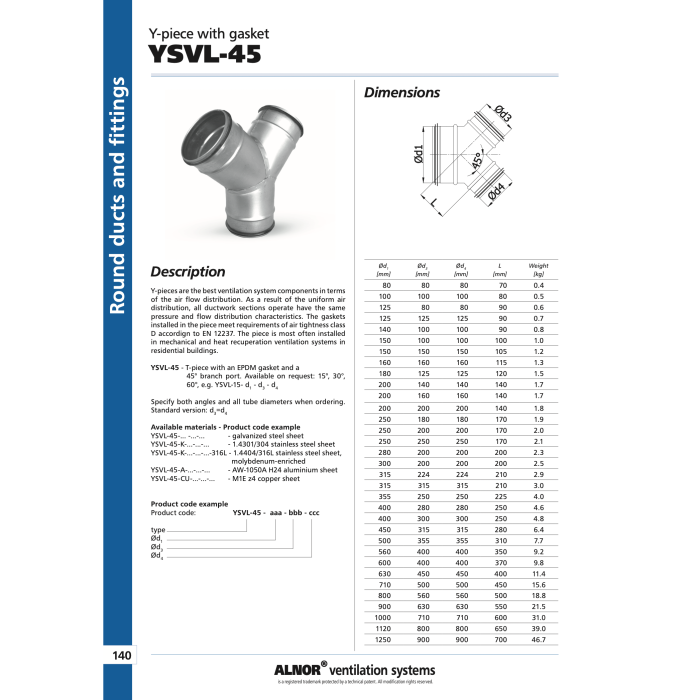 ALNOR 100 / 45° Y-shaped ventilation tee