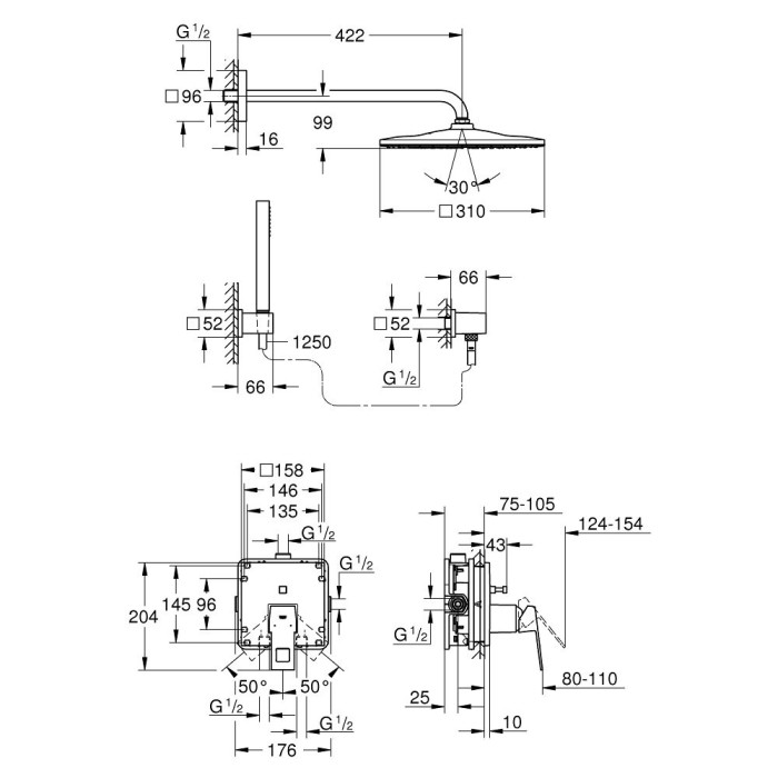 Potikend dušisüsteem GROHE Eurocube Rainshower Mono Cube 310, kroom, 25238000