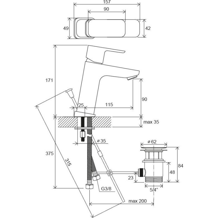 RAVAK 10° 90 mm Free sink mixer with bottom valve