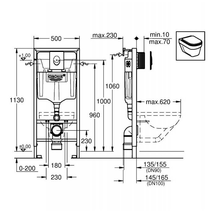 Built-in GROHE Rapid SL frame with white button from DEANTE Peonia Rimless toilets
