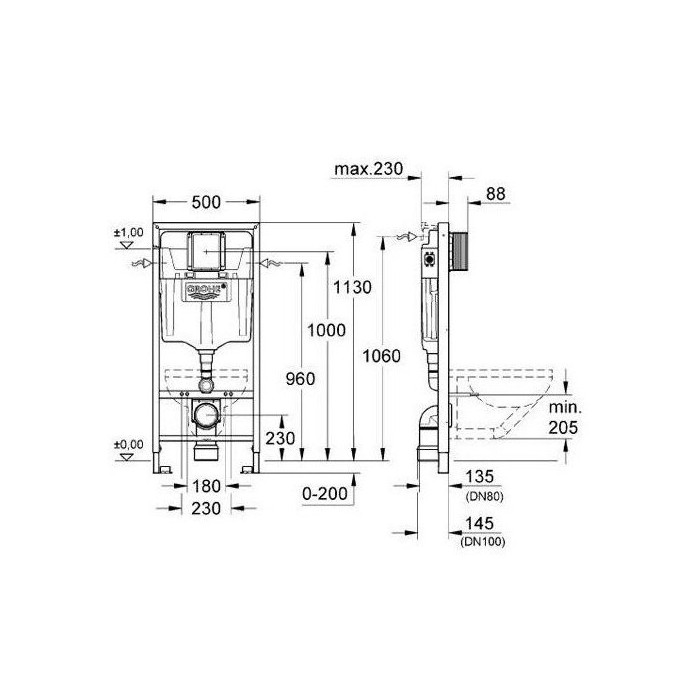 Встраиваемая рама GROHE Rapid SL с хромированной кнопкой и унитазом DEANTE Peonia Rimless