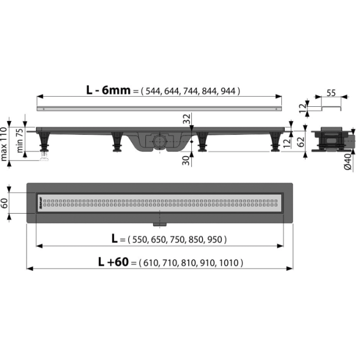 Plastic shower channel kit with stainless steel grates ALCADRAIN APZ9 Simple (Various length options)