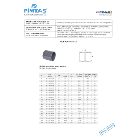 Kaksikihiline PVC-U PİMTAŞ 50 (PN16)