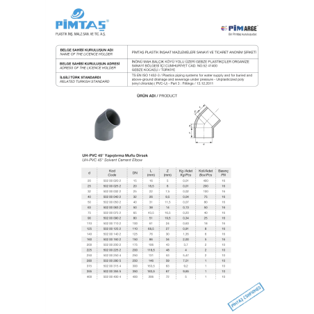 Pöördekraan PVC-U PİMTAS 63 x 45° (PN16)