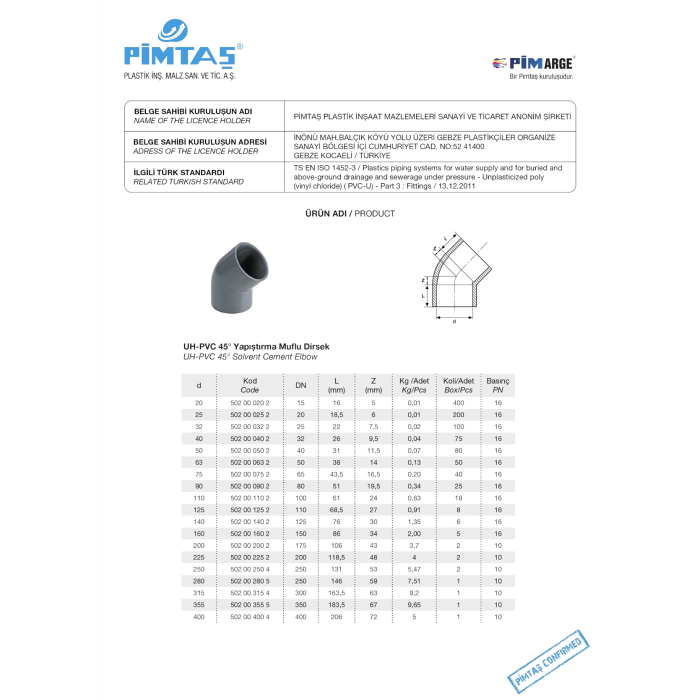 Pöördekraan PVC-U PİMTAS 63 x 45° (PN16)