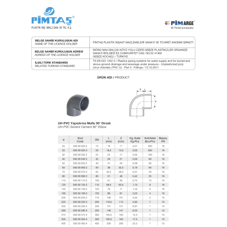 PVC-U Elbow PİMTAŞ 50 x 90° (PN16)