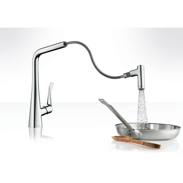 Кухонный смеситель с выдвижным изливом HANSGROHE Metris Select 320, нержавеющая сталь, 14820800