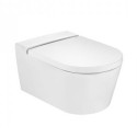 ROCA Inspira Rimless wall-mounted toilet with slow close seat.