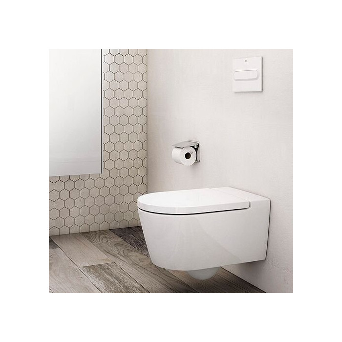ROCA Inspira Rimless wall-mounted toilet with slow close seat.