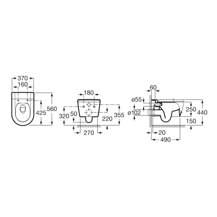 ROCA Inspira Rimless wall-mounted toilet with slow close seat.