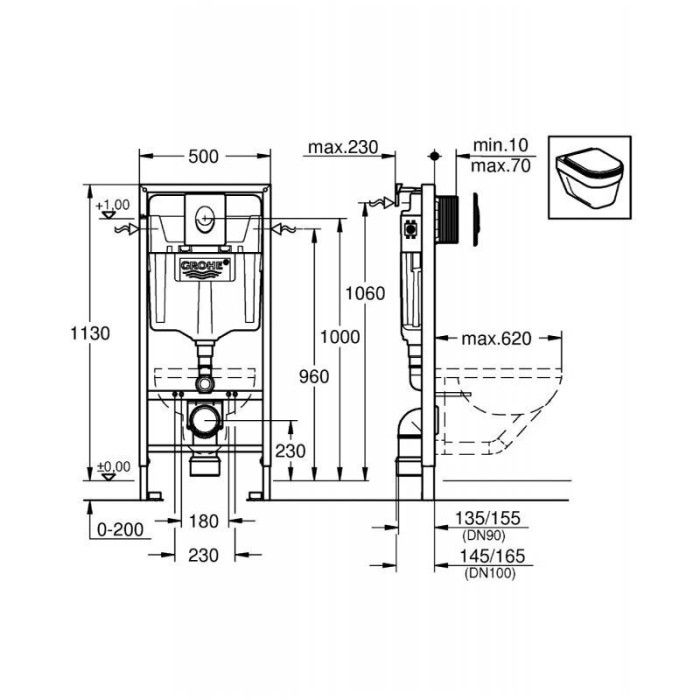 Встраиваемые комплекты рам GROHE Rapid SL 4 в 1 с белой кнопкой унитаза SAT Infinitio Compact Rimless
