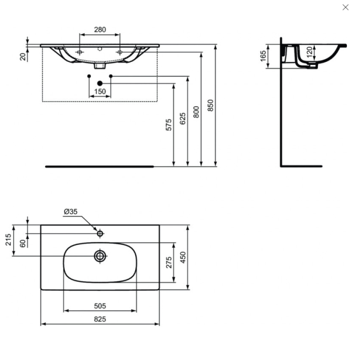 Valamu paigaldatakse IDEAL STANDARD Tesi, must matt 83 cm, T3509V3 kapile.