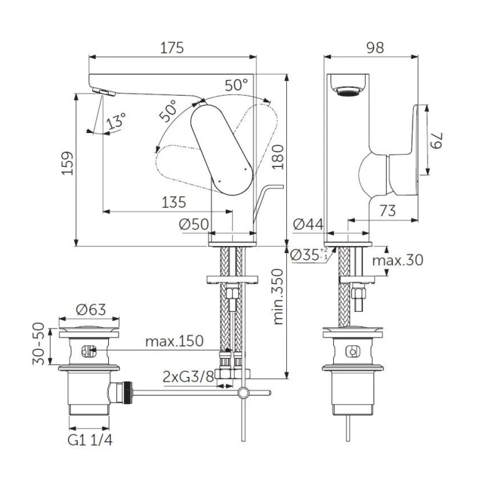 Высокий смеситель для раковины IDEAL STANDARD Cerafine O, черный - волосы, BC703XG