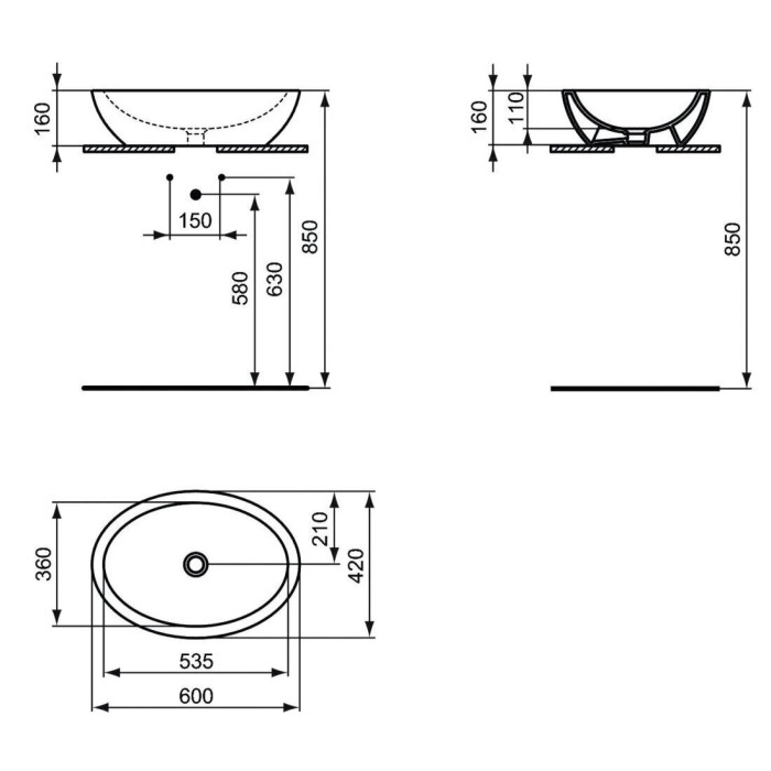Sink-bowl IDEAL STANDARD Strada O 60 x 42 cm, black - hair clip