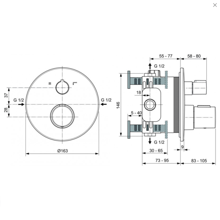 Potikendiline termostaatiline dušisüsteem IDEALUS STANDARD Ceratherm 100, 300 mm juhtpeaga, must matt, A7573XG