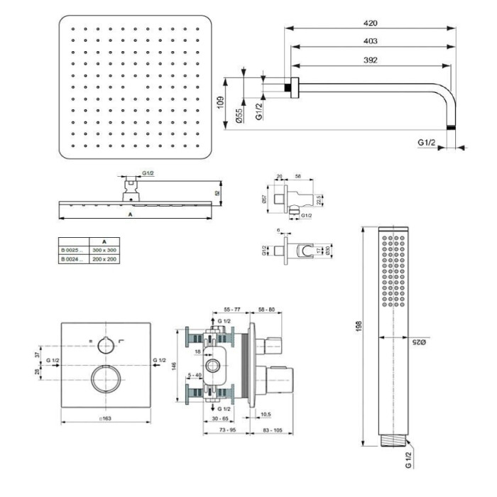 Potitermostaatiline dušisüsteem IDEALNE STANDARD Ceratherm C100, 200 mm juhtkapp, must matt, KCT20XG