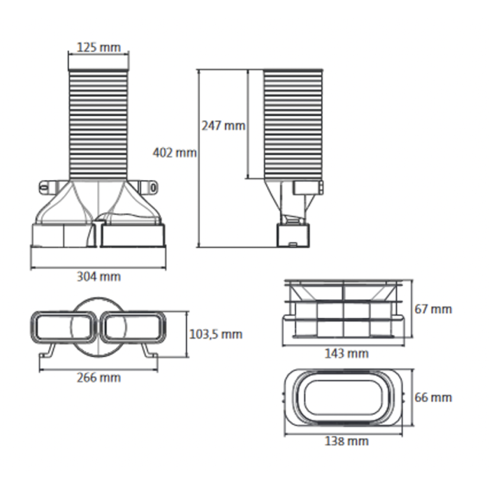 Diffuser box 180° UBBINK Air Excellent Dn 125 - 2 x Dn 100 x 50