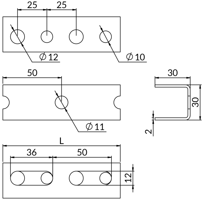 Perforeeritud U-kujuline profiil NICZUK 30 x 30 mm / 2 mm, pikkus 2 meetrit