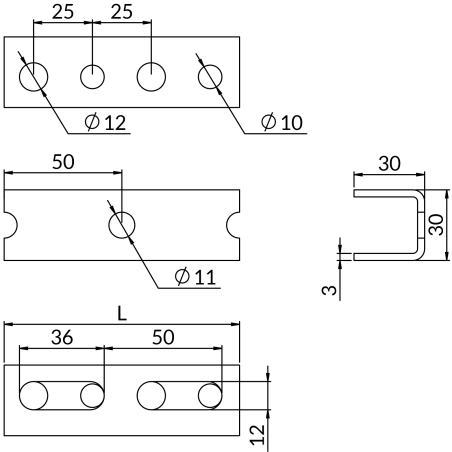 Perforeeritud U-kujuline profiil NICZUK 30 x 30 mm / 3 mm, pikkus 2 meetrit