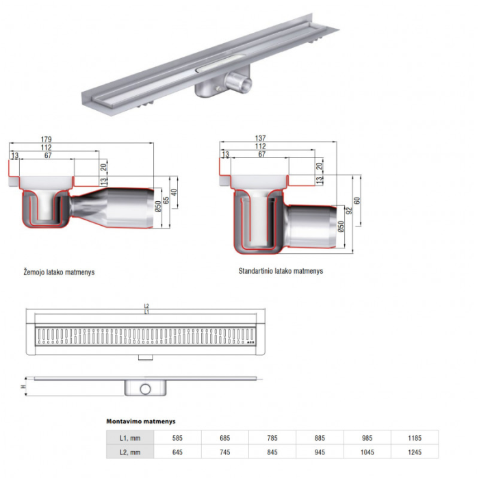 ACO ShowerDrain C shower channel set with vertical flange, featuring Slot 3 in 1 grates (Choice of various lengths)