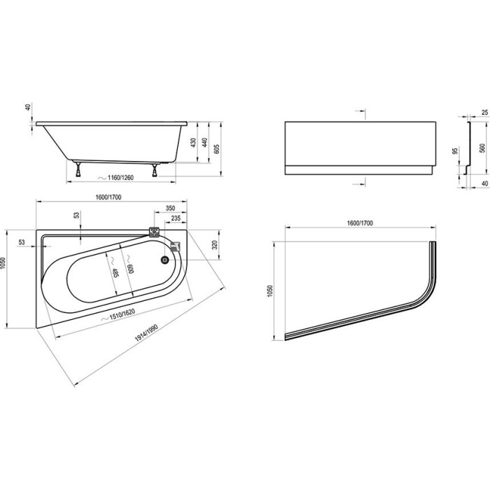 Akrüülne asümmeetriline vann RAVAK Chrome 1600 x 1050, vasak (Näidistootena)