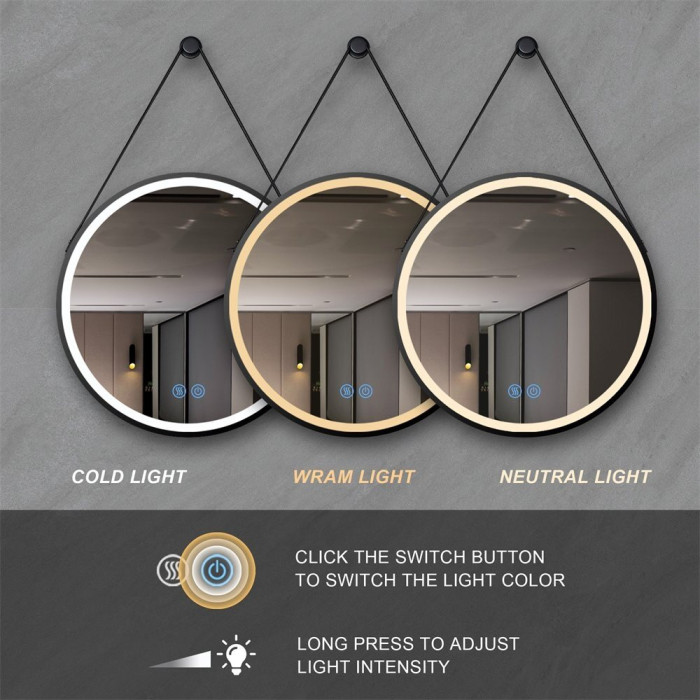 The mirror ornament is an LED shell MEPA Round 60 x 60 cm, with a black matte frame.