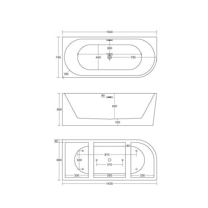 Corner bathtub MEPA L, 150 x 75 cm