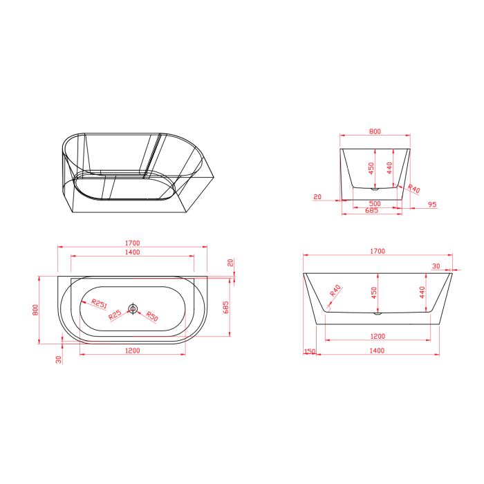 Acrylic bathtub MEPA Free back slim Matt-black, 170 x 80 cm, (Overflow from a siphon cover feather for optional)