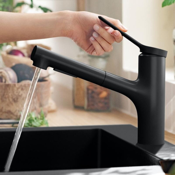 Смеситель для кухни (раковины) с выдвижным шлангом HANSGROHE Zesis M33, черный матовый, 74800670