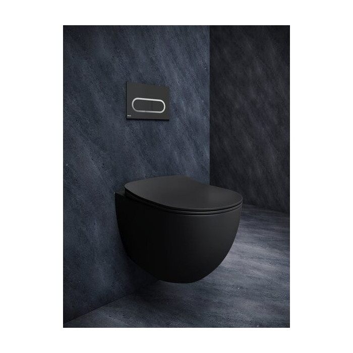 Rippuv WC-pott koos õhukese slow close kaanega RAVAK Uni Chrome RimOff, must-matt