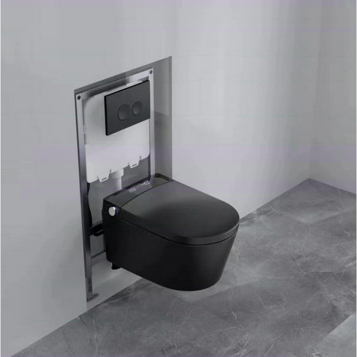 Rippuv WC koos bidetiga MEPA Rimless funktsiooniga, iste ja kaas komplektis, koos seina sisse paigaldatava raami ja nupuga, must