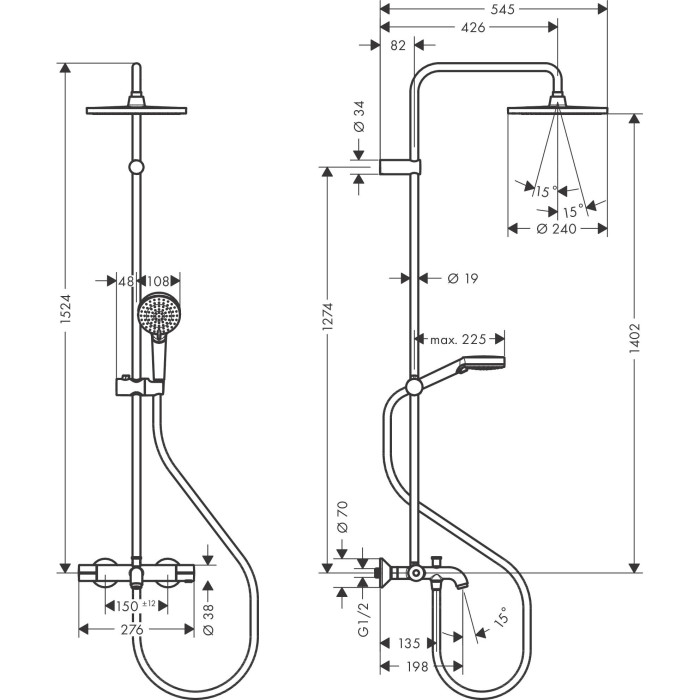 Thermostatic rain shower system with spout for bathtub HANSGROHE Vernis Blend S 240 1jet, 26899670