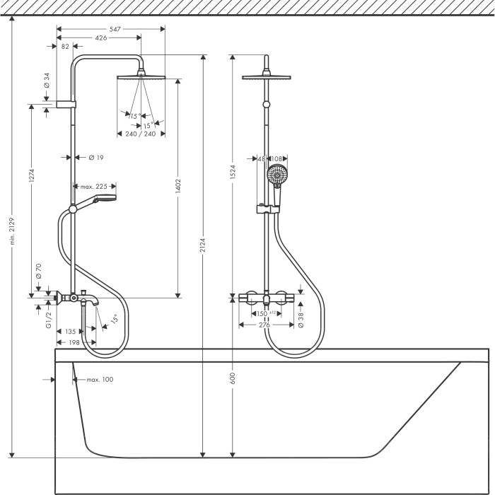 Thermostatic shower system with spout for bathtub HANSGROHE Vernis Shape 240, 26900670