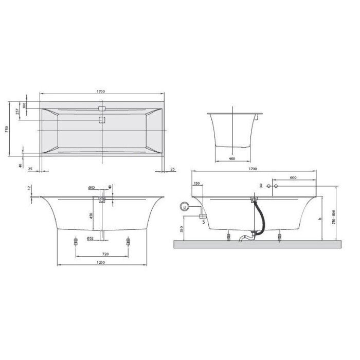 Ristkülikukujuline vann VILLEROY & BOSH Squaro Edge 12 Duo 750 x 1700 mm