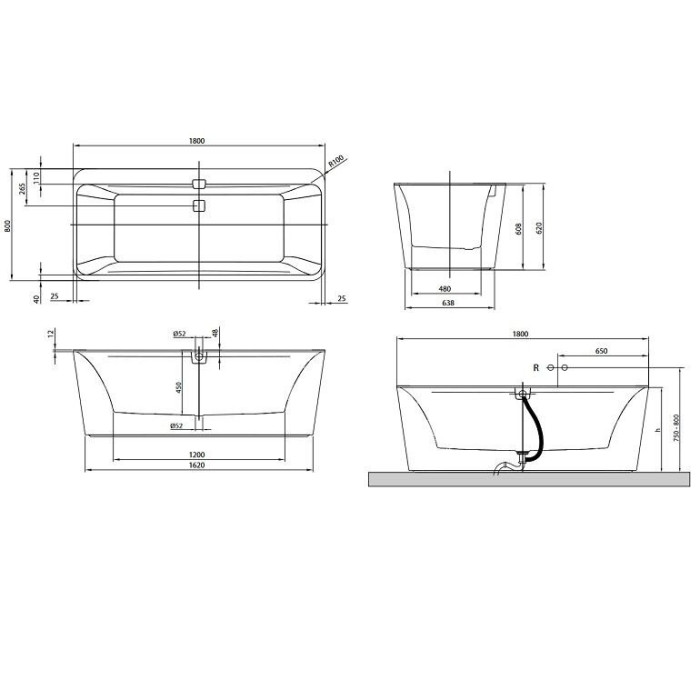 Ristkülikukujuline vann VILLEROY & BOSH Squaro Edge 12 Duo 800 x 1800 mm