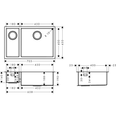 Stainless steel sink HANSGROHE 705 x 450 mm, 43429800