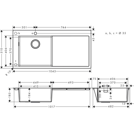 Stainless steel sink HANSGROHE 1045 x 510 mm, right, 43331800