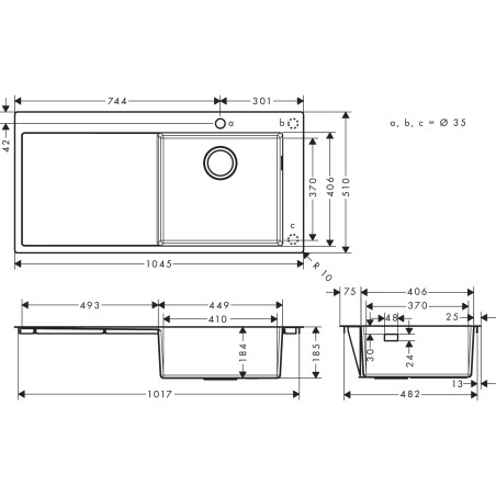 Roostevaba terasest kraanikauss HANSGROHE 1045 x 510 mm, vasak, 43306800