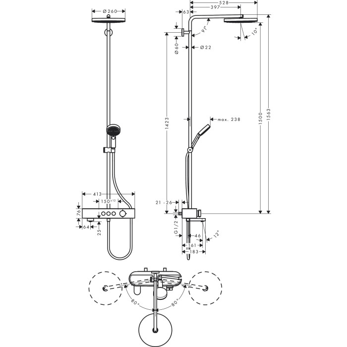 Termostaatiline vihmadušisüsteem vannile HANSGROHE Pulsify S 260 1 jet, 24230000